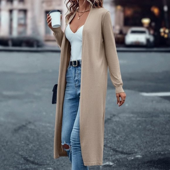 . Sweaters - Khaki Casual Womens Solid Open Front Cardigan